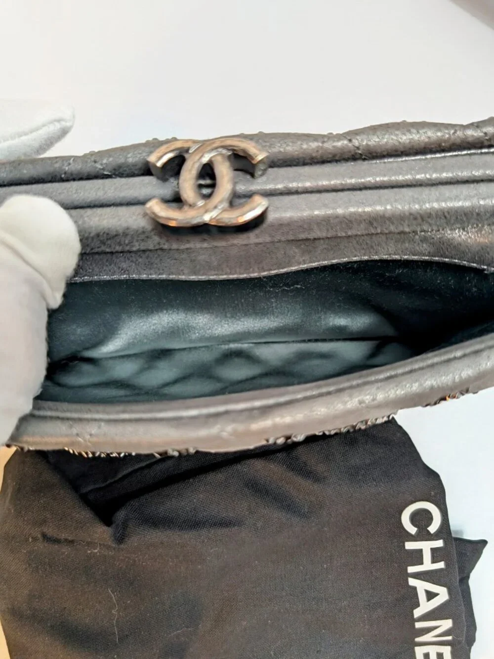 Chanel Timeless Grey Crystal-Studded Suede Diamond-Quilted Clutch